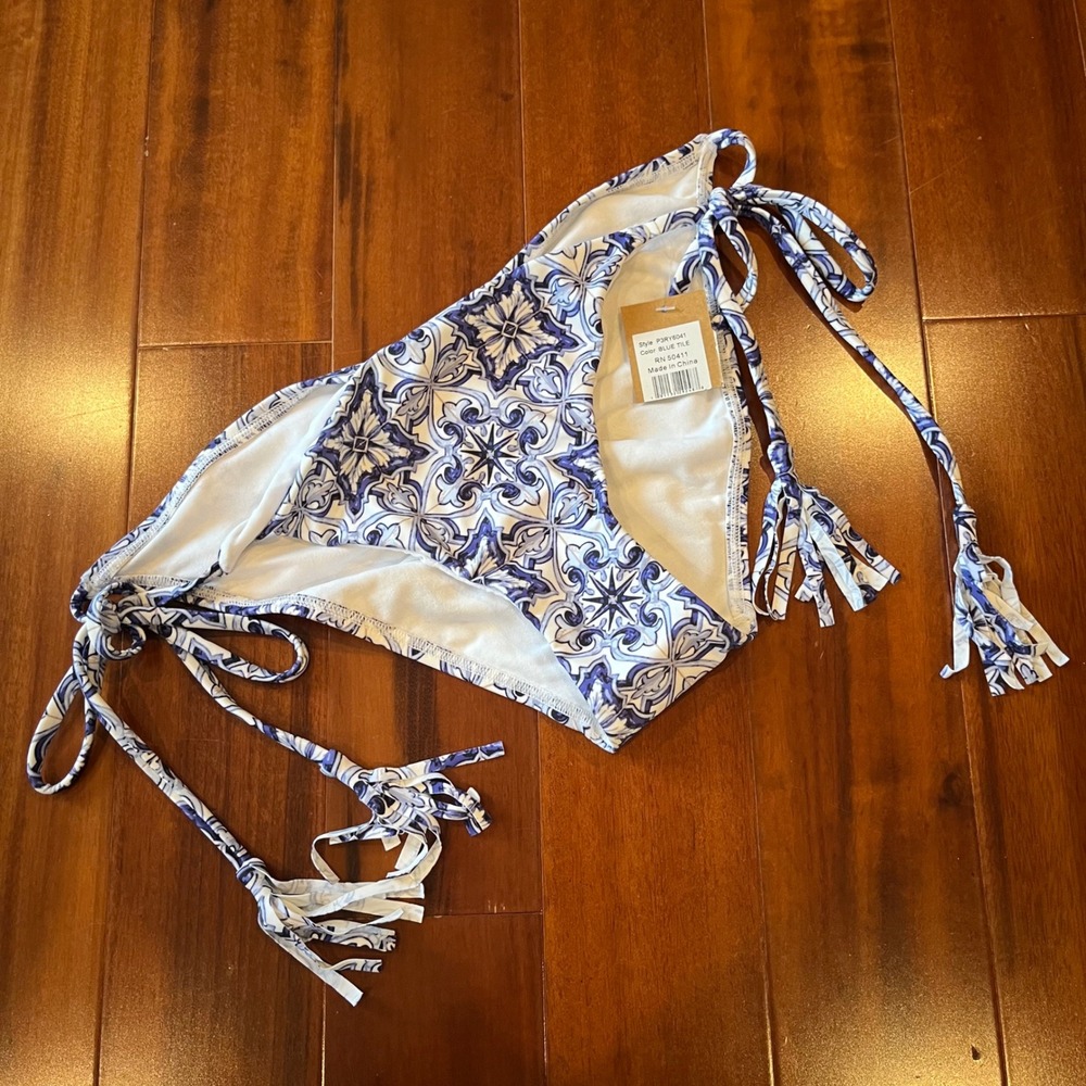 Blue White Bikini Bottom Swim Rachel Roy Tile Greek Print Tie Tassel Ruche New M